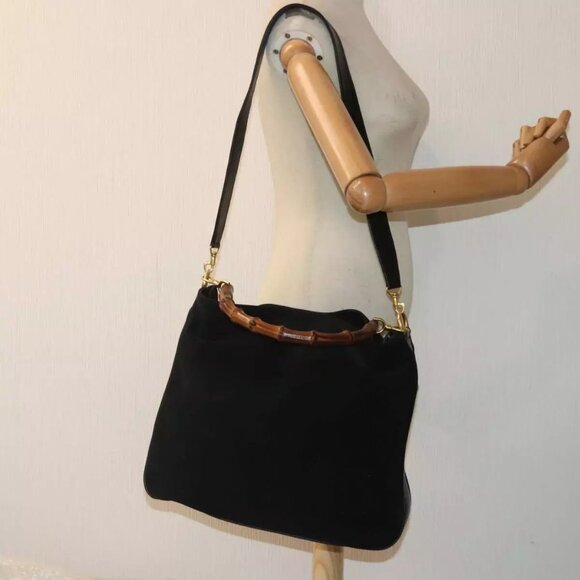 GUCCI Bamboo Shoulder Bag Suede 2way Black Gold - Picture 1 of 16